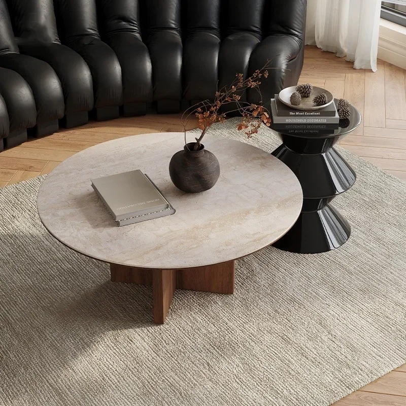 Meja Kopi, Gaya Prancis, Vintage, Travertine, Batu Slate, Amerika Utara, Kayu Walnut Hitam, Bulat