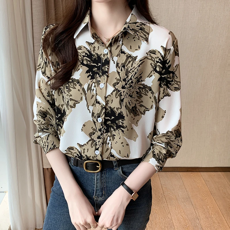 Women Spring Fashion Temperament Loose Printing Polo-Neck Long Sleeve Shirts Women Clothes Casual All-match Appear Thin Tops