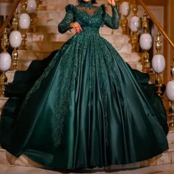 Customized Saudi Arabic Emerald Green Prom Occasion Dresses High Neck Lace Applique Women Birthday Party Quinceanera Dress 15