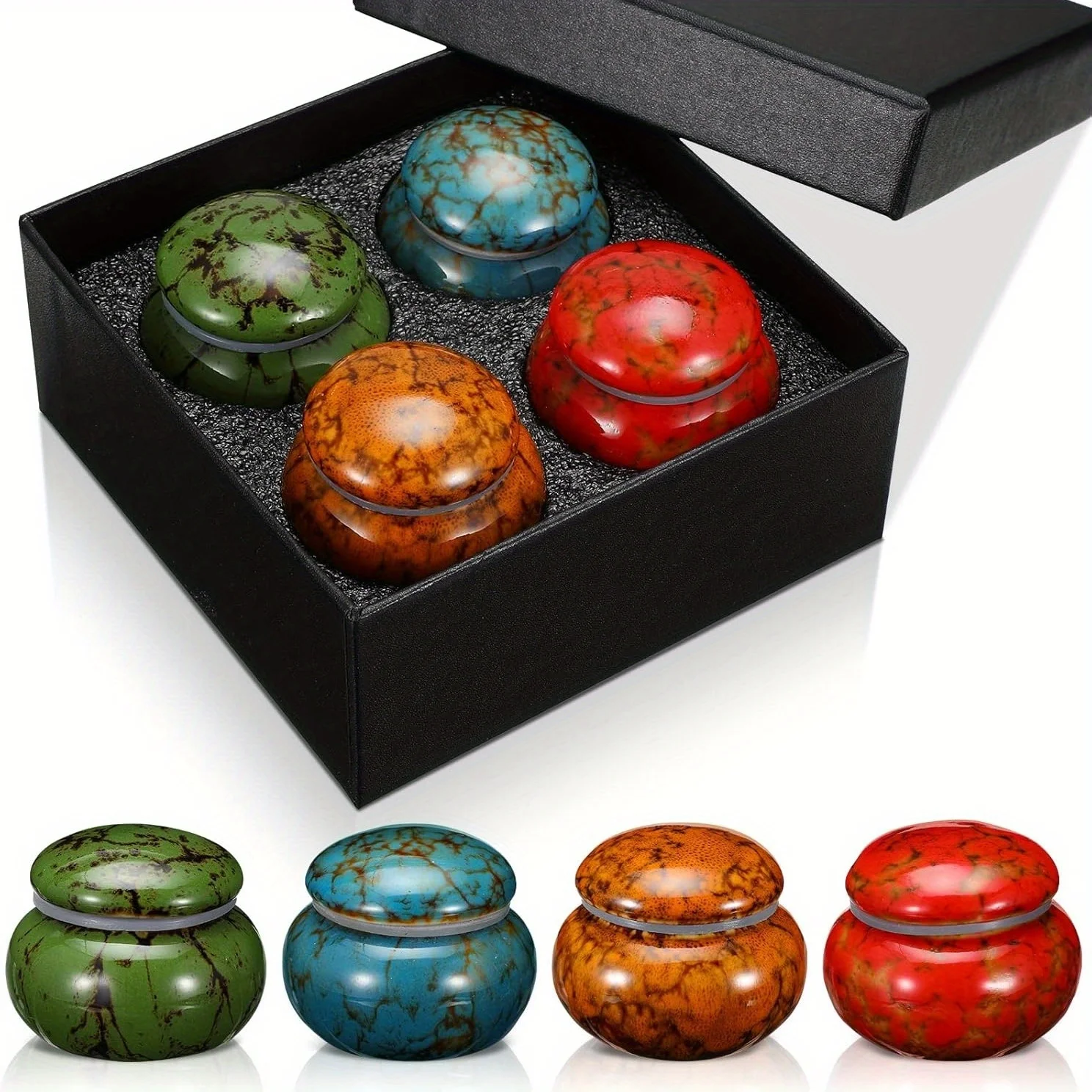 Conjunto de 4 urnas pequenas para cinzas humanas, lembranças, cremação, mini urnas de cerâmica para cinzas humanas e de animais de estimação, recipiente funerário com caixa e