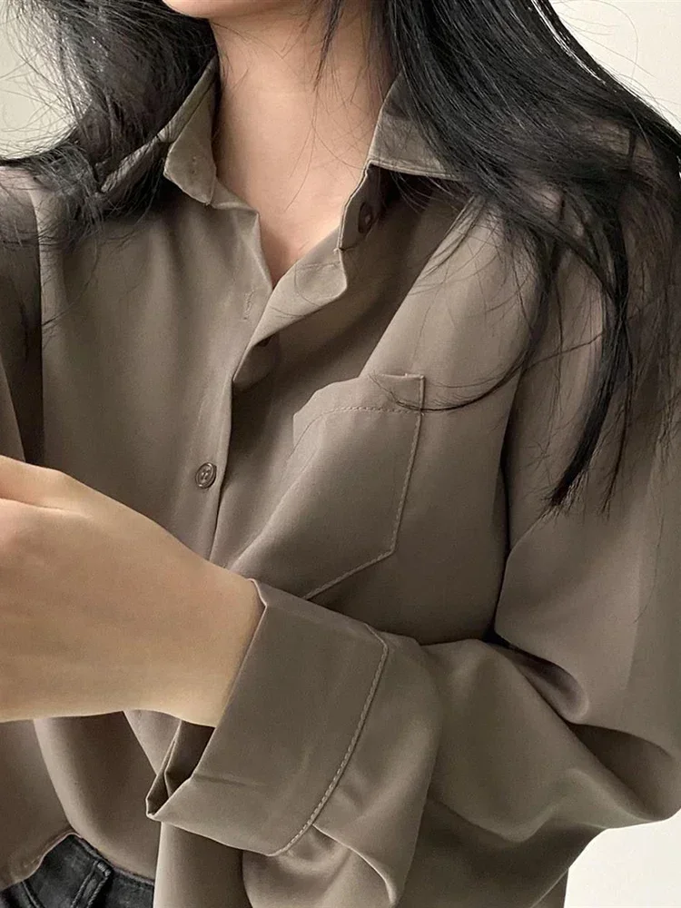 

Новая женская блузка в корейском стиле: однотонная, с длинным рукавом, на пуговицах, из шифона, для офиса