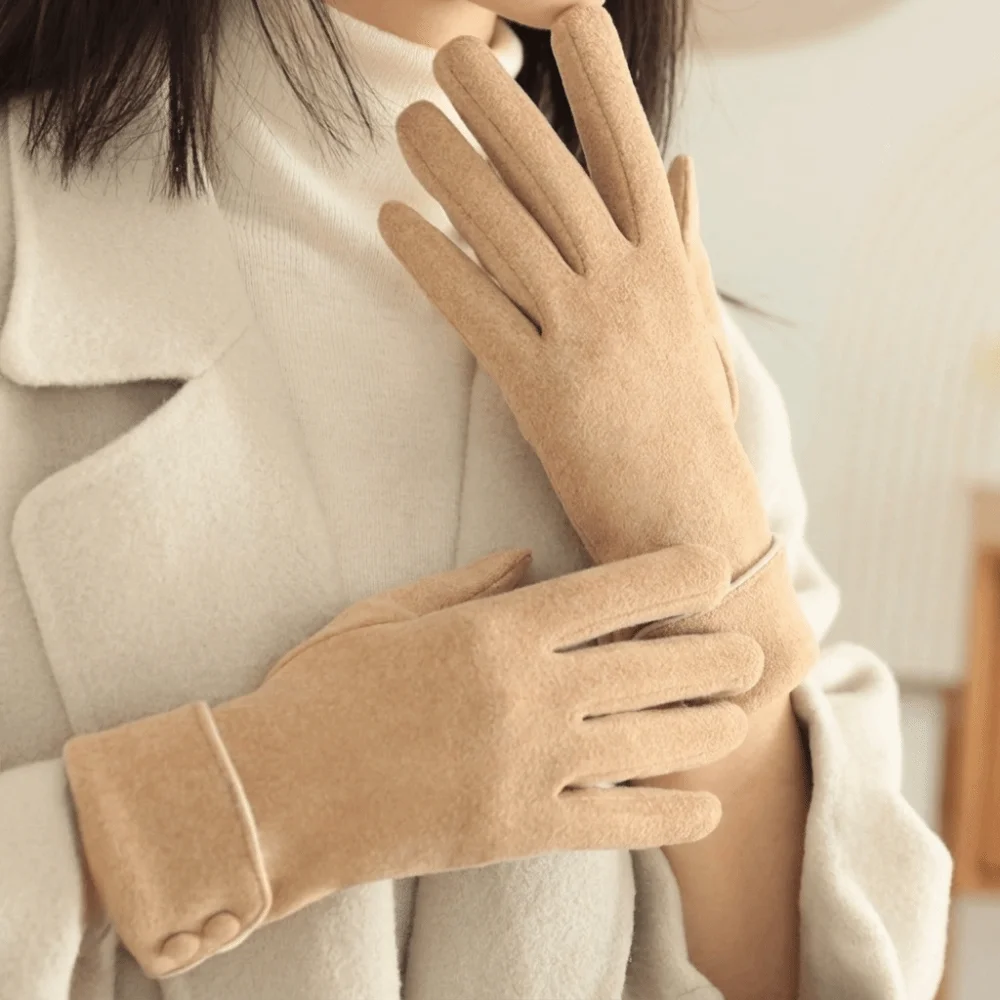 Retro Button Winter Gloves Fleece Touchscreen Women Gloves Windproof Full Finger Cycling Mittens Female