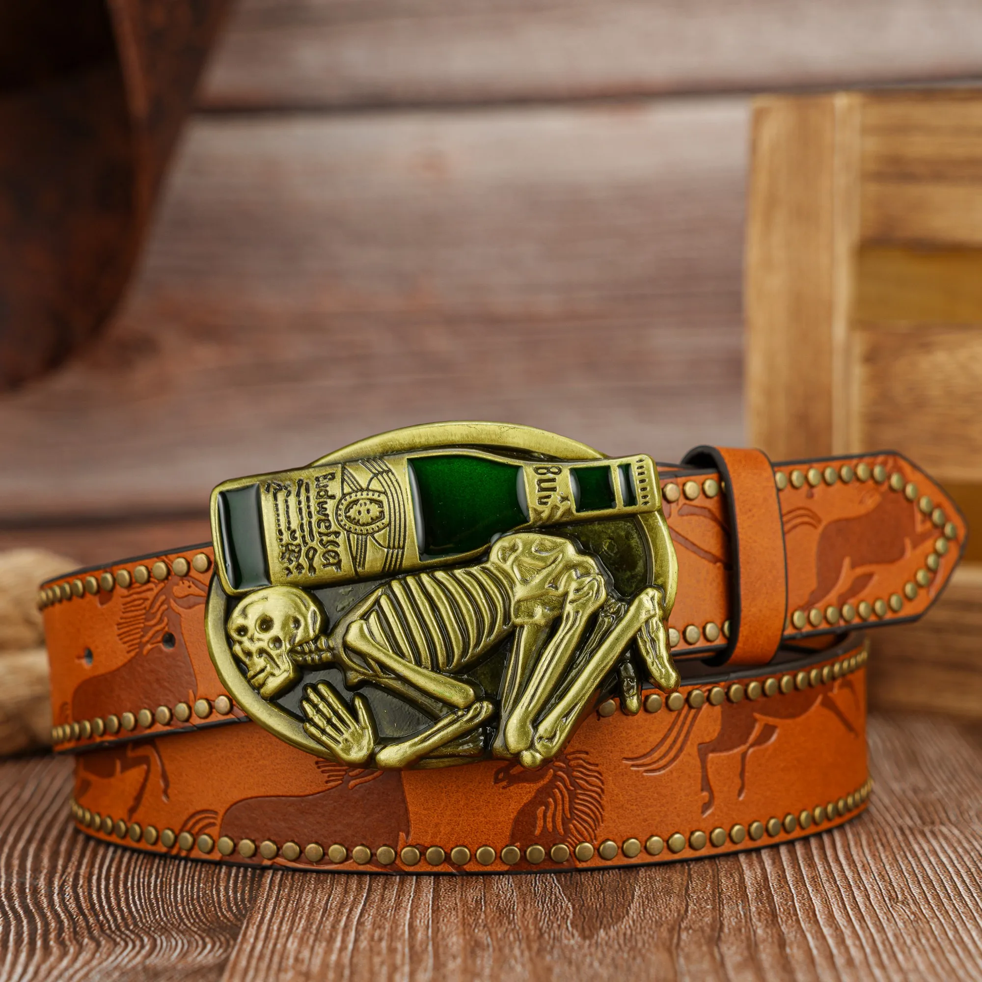 Wine bottle Skull buckle personality vintage steed PU embossed rivet belt