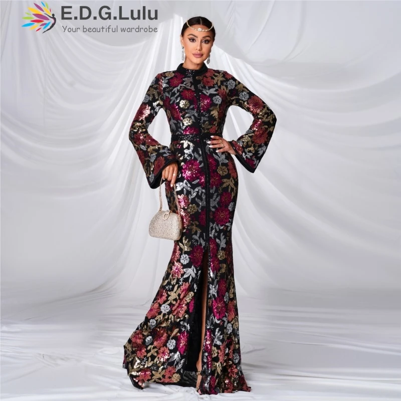 EDGLuLu  High Quality Sequin Floral Legant Party Dresses Woman O Neck Flared Sleeve Birthday Long Mermaid Dresses 1211