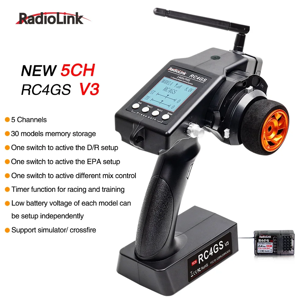 Radiolink RC4GS V3(V2 Upgrade) 5 Channels RC Radio Transmitter and Receiver R6FG Gyro Integrated Remote Control for RC Car Boat