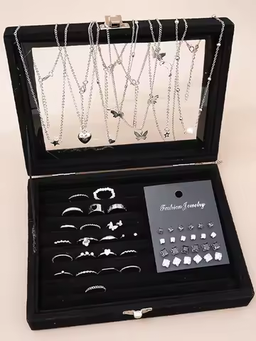 51 unids/set de joyería elegante de Color plateado para mujer, collares de perlas de corazón de mariposa a la moda, pendientes, anillos, trajes diarios combinados