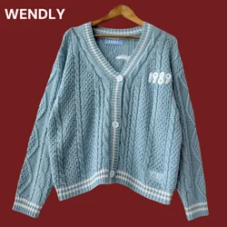 Autumn 1989 Blue Cotton Knitted Cardigan Women 2023 Casual Sweater Mujer Winter Slight Strech Loose Fit Cardigan Women Tops Y2k