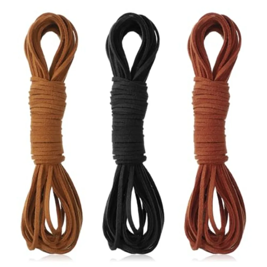 32.8 Yards 3 Bundles Leather Cord String, Flat Suede Leather Strips Leather Cord Rope String for Jewelry Making Beading Necklac