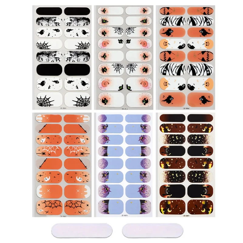 New Halloween Luminous Nail Oil Film Sticker Spider Pumpkin Ghosts Nail Decals Decorations Full Cover Adhesive Press On Nails