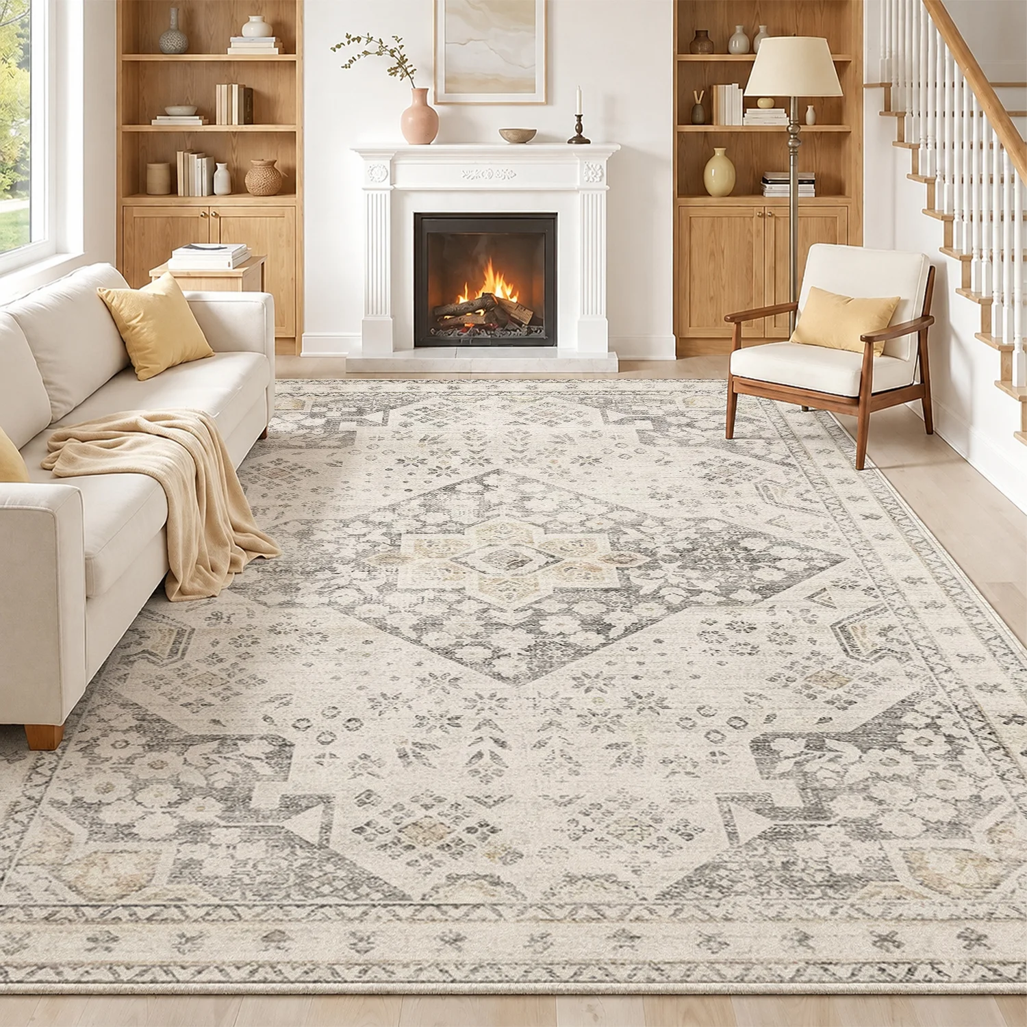 Large Indoor Area Rug, Soft Velvet Low Pile Rug with Non-slip Dotted Backing, Machine Washable Vintage Boho Medallion Rug for Living Room Bedroom, Neutral Light Distressed Grey Beige Floor Carpet
