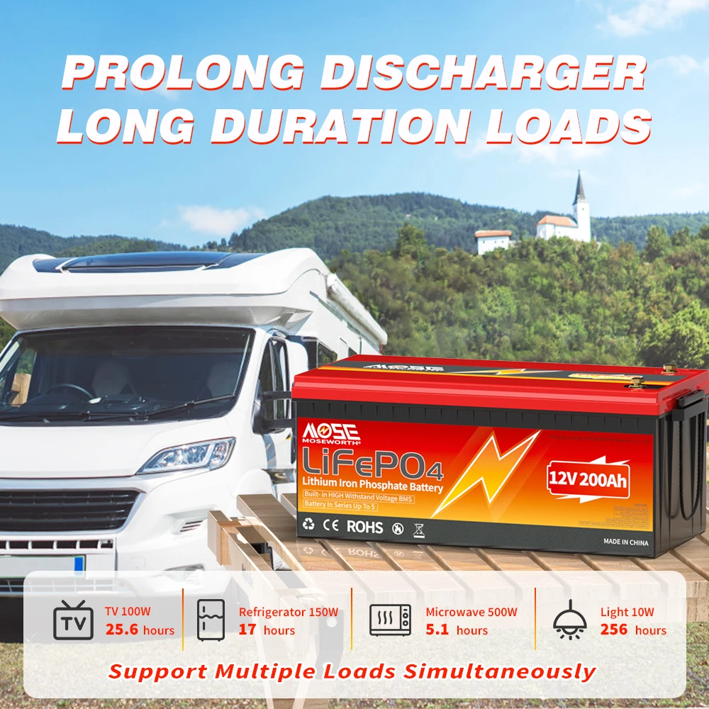 MOSEWORTH 12V 200Ah LiFePO4 Lithium Battery 2560Wh Built-in 200A BMS 10000+ Cycles 10-Year Lifespan Rechargeable RV Solar Camper