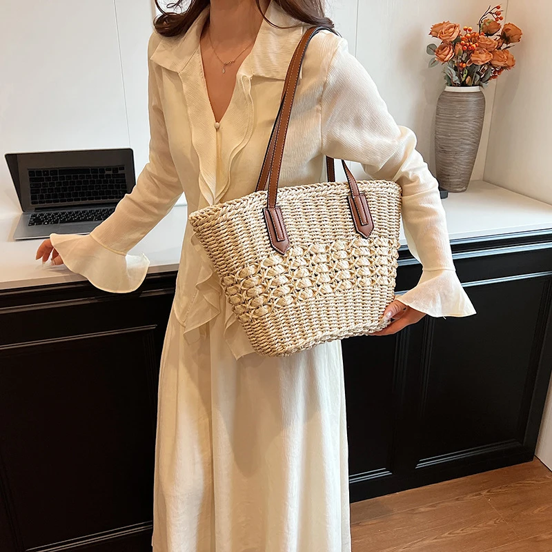 Sommer Stroh Taschen für Frauen Stroh Umhängetaschen Rattan gewebte Top Griff Tasche hohle Bast häkeln Strand tasche lässige Handtaschen – Detail 6