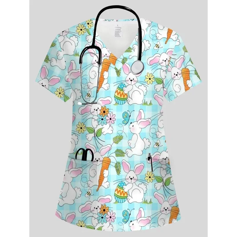 Female medical staffTShirt Easter bunny printVShort-sleeved medical uniformComfortableand breathable veterinary clinic workwear