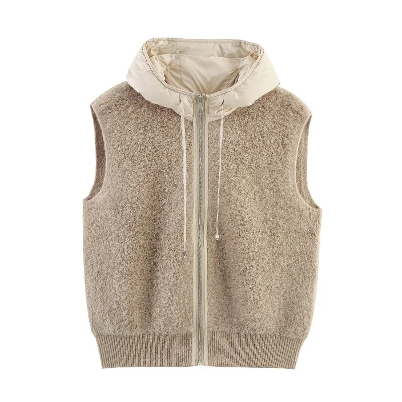 

Patchwork Hooded Furry Vest Fluffy Solid Zipper Black Faux Fur Jacket Sleeveless Casual Warm Thick Plush Coat Faux Lamb Stylish