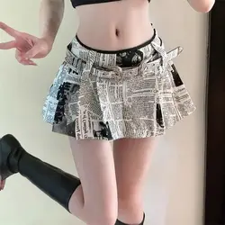 Spicy Girl Newspaper Print Hundred Pleated Half Skirt Women's 2023 Autumn Anti glare Skirt Design  A-line Short Skirt