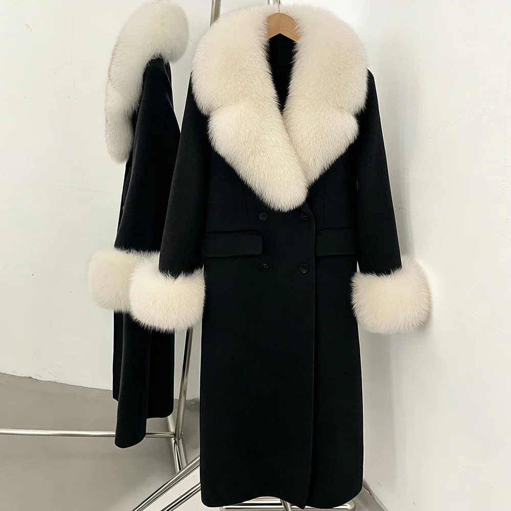 OFTBUY Großer Natürlicher Pelzkragen Doppelreihiger Langer Damen-Wollmantel Winter Warmer Dicker Schlanker Wollmantel mit Echtpelz – Detail 10