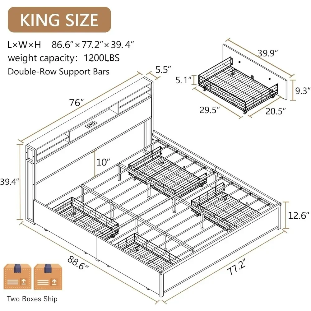 Bed Frame with 4 Storage Drawers and Bookcase Headboard, LED Bed Frame with Outlets and USB Ports, Metal Platform Bed