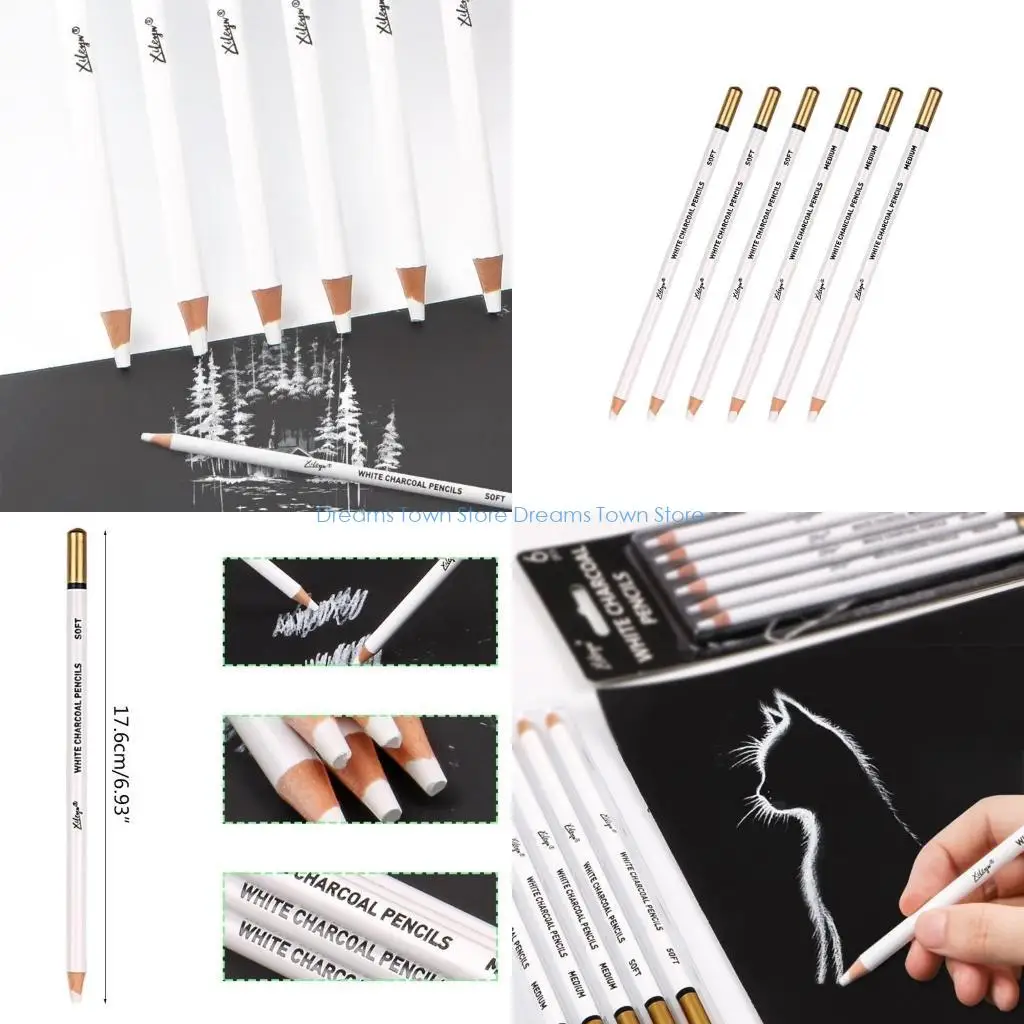 HX6A Set of 6 Prmeium White Charcoal Pencils Set 3 Pcs Soft 3 Pcs Medium Sketch Highlight White Pencils for Ideal for Drawing