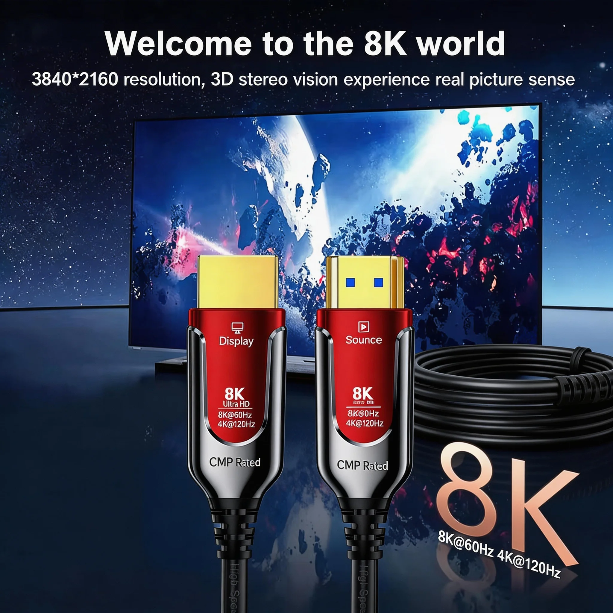 CMP Fire-Rated 8K HDMI 2.1 Fiber Optic Cable 8K@60Hz 4K@240Hz HDMI-Compatible 48Gbps EARC For PS5 Xbox Projector 5m/20m/50m/100m view 3