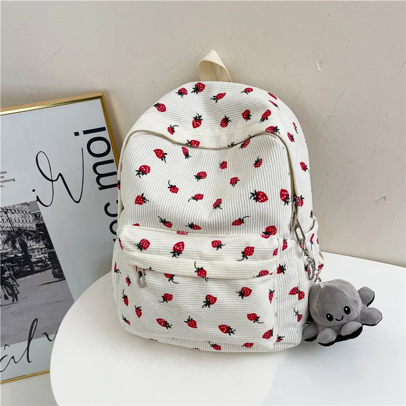 

Corduroy Strawberry Backpack Large Capacity Daily Multi-pockets Adjustable Strap Rucksack Casual Travel Backpack