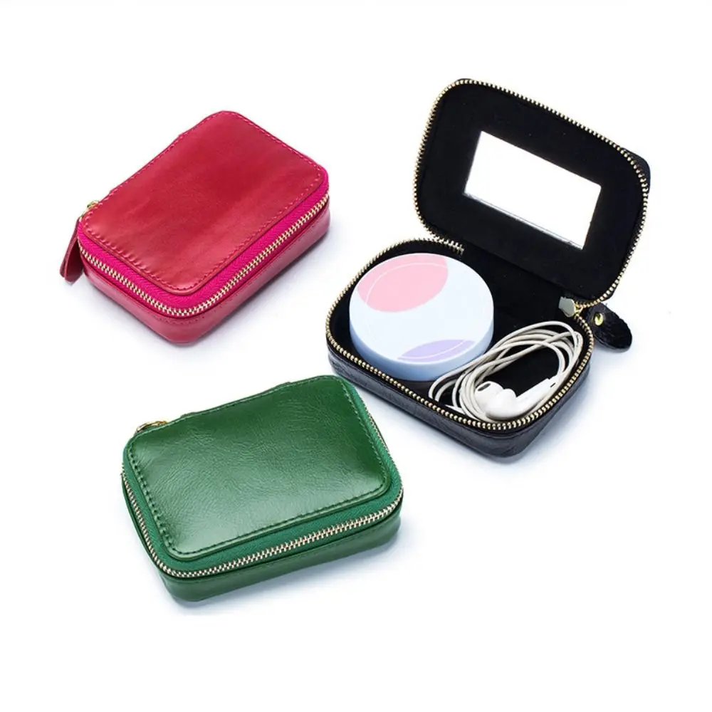 Versatile Genuine Leather Lipstick Case Mini Size Handheld Makeup Bag Portable Earphone Case Cable Organization