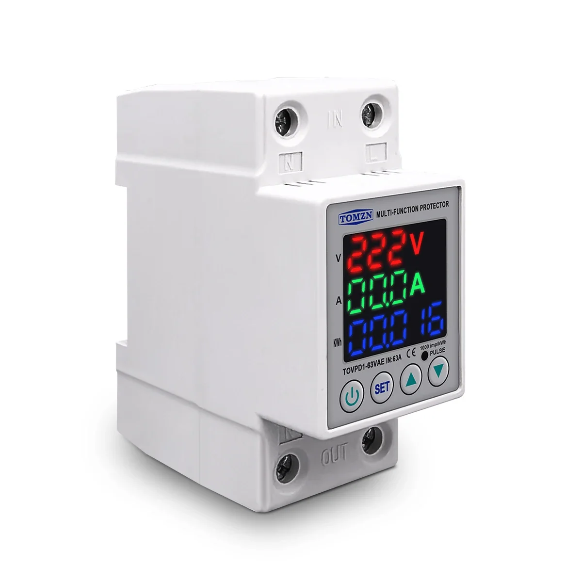 TOMZN 63A 230V DIN Rail Adjustable Over Under Voltage Protective Device Protector Relay with Current Protection Energy Meter