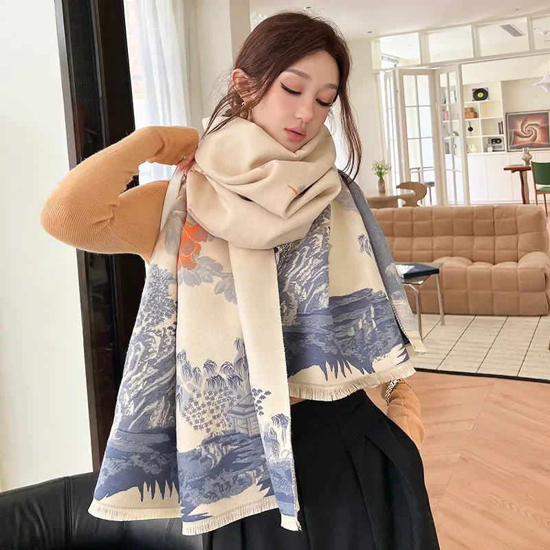 New Luxury Fashion Floral Thick Blanket Winter Warm Scarf for Women Cashmere Shawl Wraps Pashmina Scarf Stoles Bufanda Female