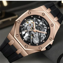 KINYUED Fashion Skeleton Mechanical Watch Top Brand Luxury Men's Steampunk Transparent Hollow Automatic Watch Relogio Masculino