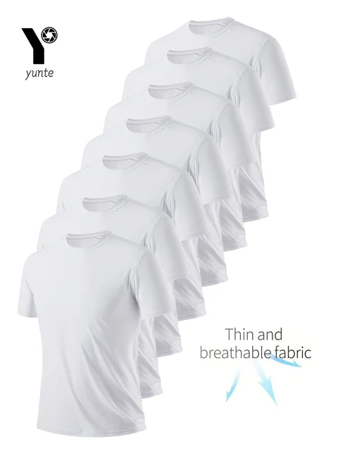 T-shirt z okrągłym dekoltem 7-częściowy biały ultralekki męski szybkoschnący, oddychający, pochłaniający pot koszula odpowiednia do ćwiczeń na siłowni i w domu