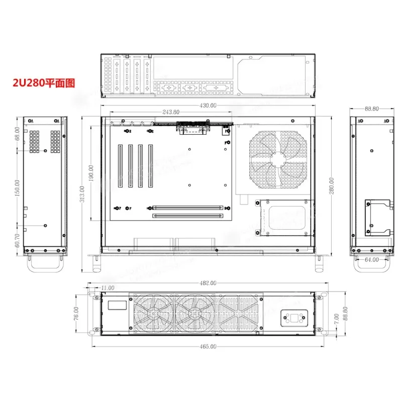 Custom 2U Short Rackmount Chassis 280Mm Depth Mini ITX Case Steel For Industrial PC