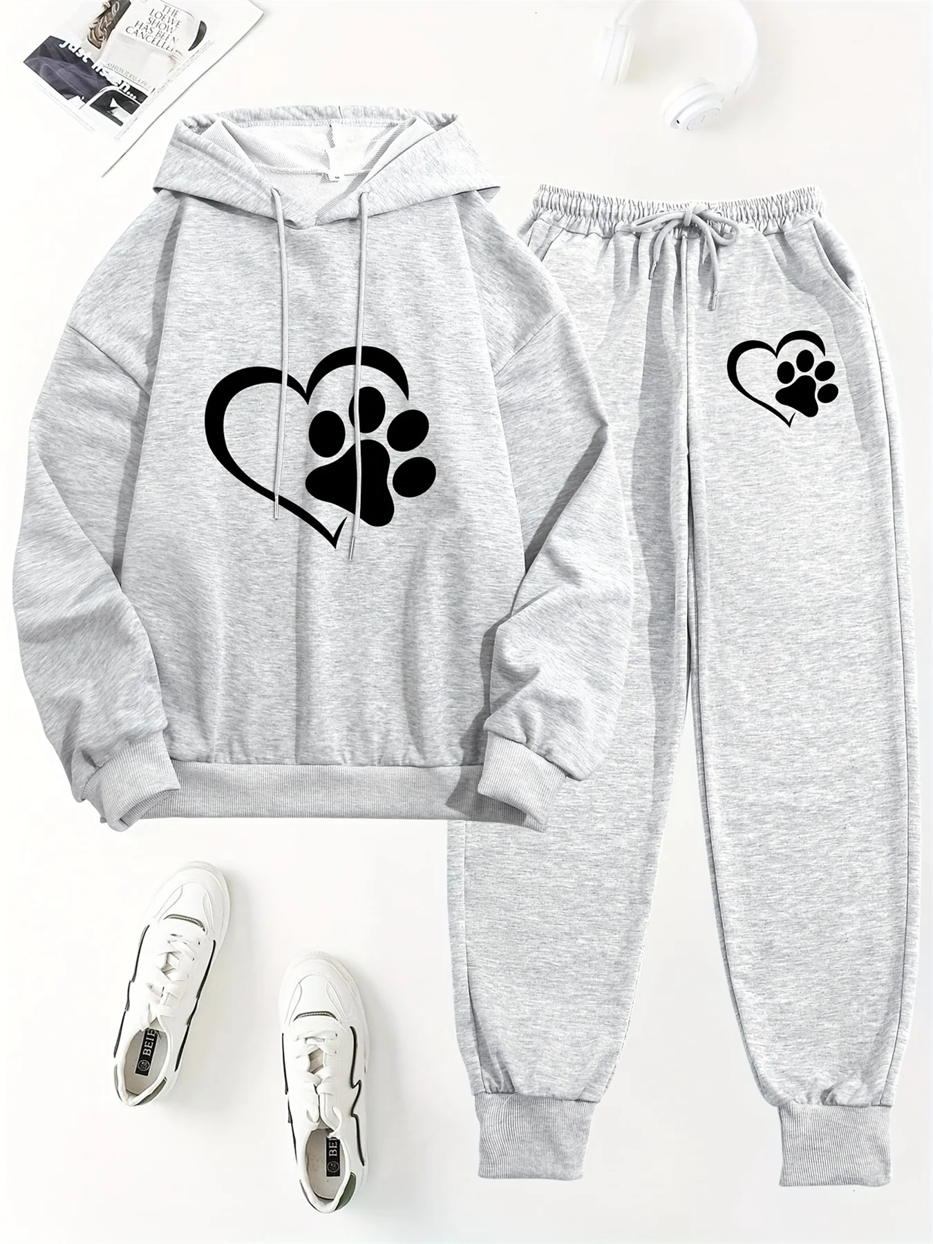 

Женская толстовка + спортивные штаны, комплект в стиле хип-хоп, уличная повседневная свободная спортивная рубашка с принтом лапы и сердца, осенняя флисовая теплая одежда