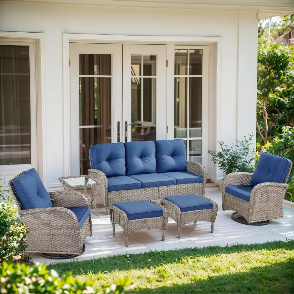 

6 Piece Patio Furniture Set - Wicker Patio Conversation Set with Swivel Glider, 3-Seater Sofa, Tempered Glass Side Table and 2 O