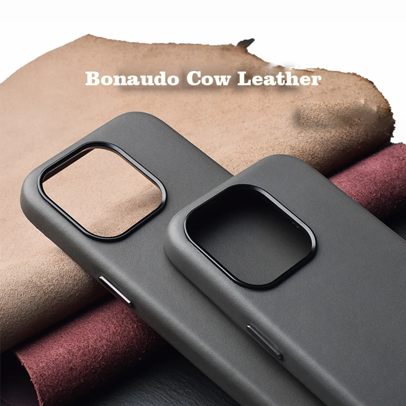 Imagem -04 - Capa de Couro Bonaudo Italiana para Iphone Tampa Traseira do Telefone Pele Real Cor Cinza Luxo Apple Iphone 15 Pro Max Magnética