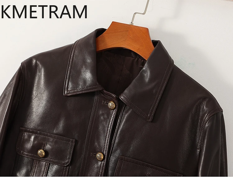 100 % Top Schicht Schaffell Jacke Frau Vintage Braun Echt Leder Jacken Kurze Outer Herbst Kleidung 2025 Frauen veste femme