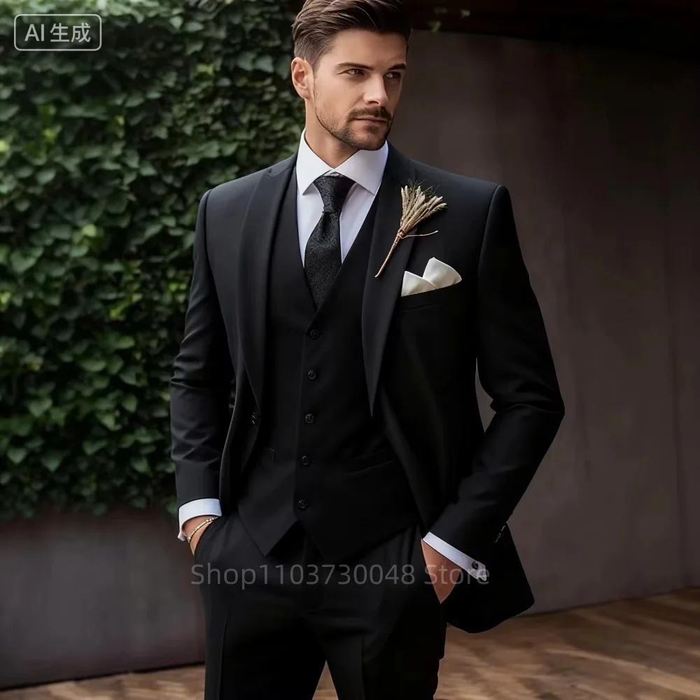 Trajes de esmoquin de lujo para hombre, chaqueta ajustada con solapa de pico, chaleco y pantalones, conjunto para fiesta de graduación, boda, ropa de negocios, 3 piezas