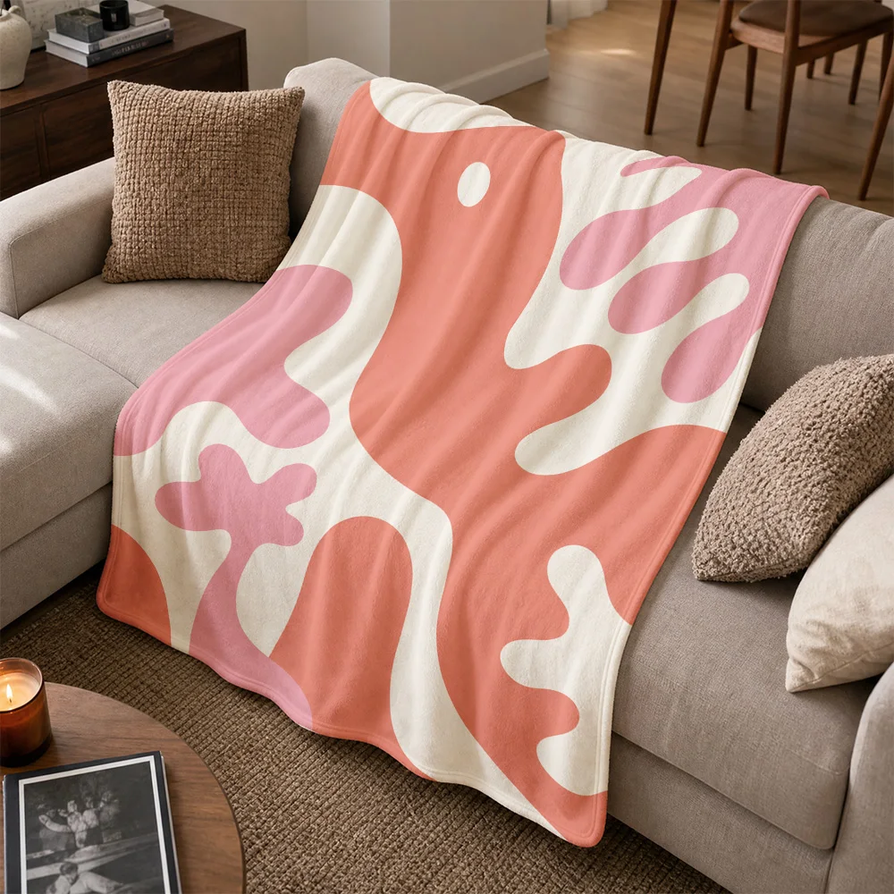 Abstract Coral Throw Blanket for Sofa Couch Living Room Decor Modern Knit Accent Throws Cozy Aesthetic Housewarming Gift