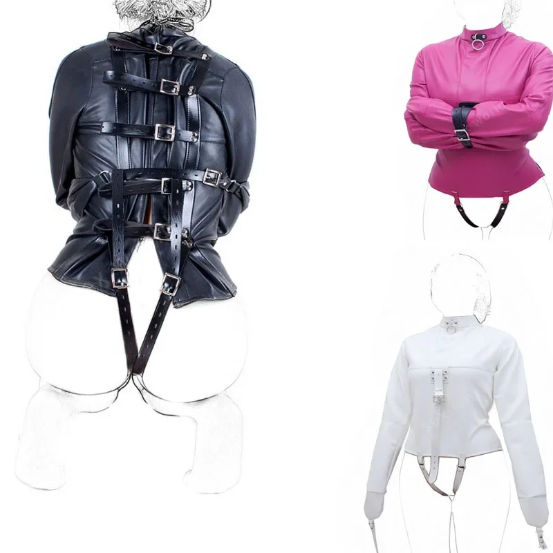 Leather SM Lingerie Straitjacket with Crotch Strap,Games Bondage Straight Jacket Harness,Slave Role Gimp Costumes BDSM Sextoys