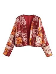 YENKYE New Autumn Women Vintage Floral Patchwork Print Short Quilted Padded Jacket Long Sleeve Pockets Female Chic Cardigan Coat