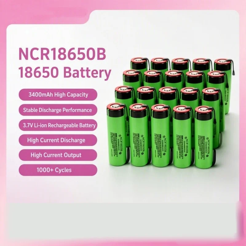 NCR18650B 18650 Lithium-Akku 3,7V 3400mAh Hochleistungs-Akku mit hoher Entladestromstärke, stabiler Entladung, 1000 Ladezyklen und Lötflächen