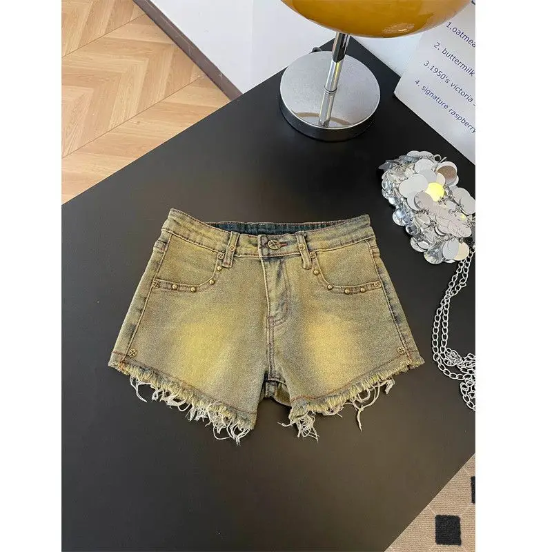 Rivet Fringed Rough Edge Denim Super Y2k Shorts Women's Summer Spice Sexy Low-rise A-word Hip-wrapped Hot Pants