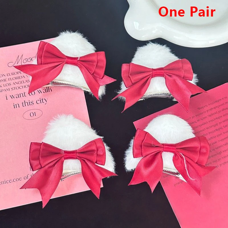 1 Pair Cute Cat Ear Bow Plush Hairpins Hair Clip Women Sweet Barrettes Fashion New Year Lucky Hair Accessories Gift