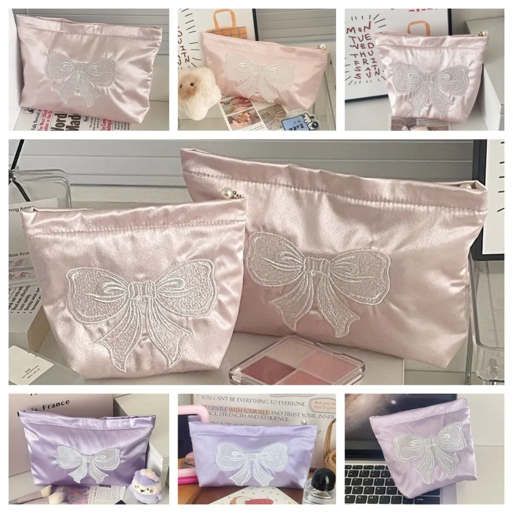 

Portable Pearl Color Silks Cosmetic Container Handle Large Capacity Embroider Bowknot Travel Toiletry Bag Lightweight