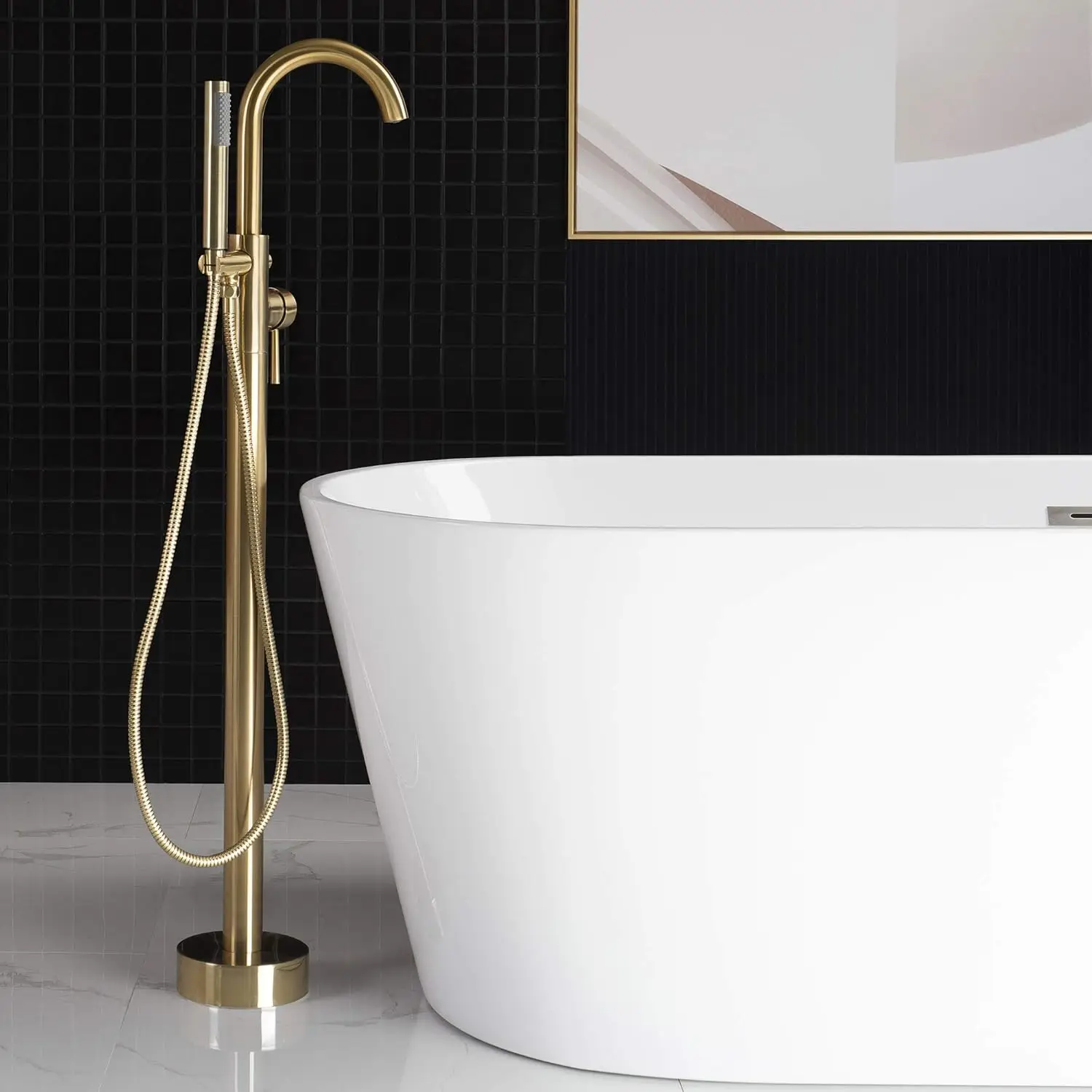 F0007 BG Freestanding Tub Filler Bathtub Floor Mount Brass Bathroom Faucets with Hand Shower, F-0007 Golden, Brushed Gold