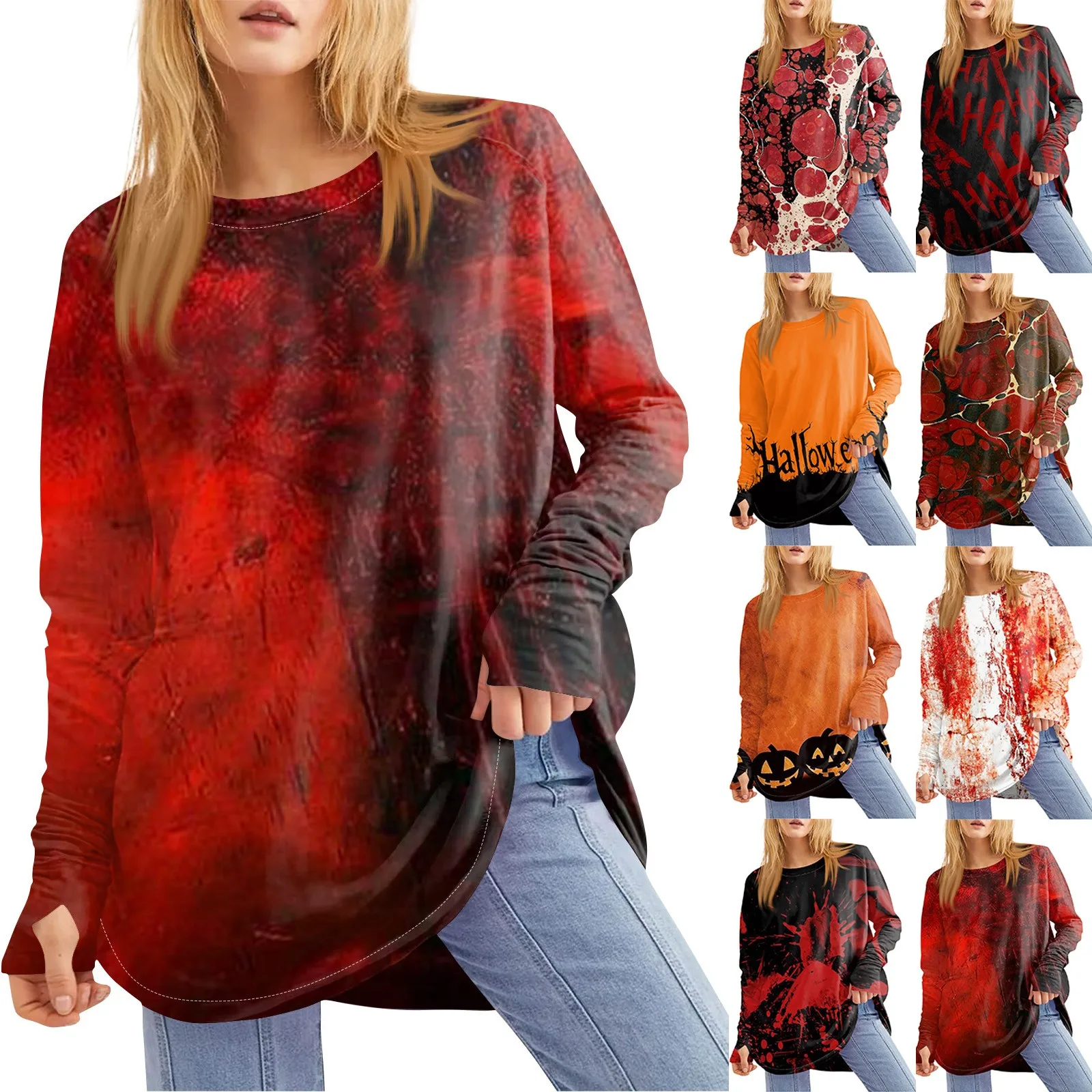 Women's Valentine's Day Printed Shirt New Round Neck Loose Long Sleeved Blouses Medium Length Leaky Thumb T-shirt ropa de mujer