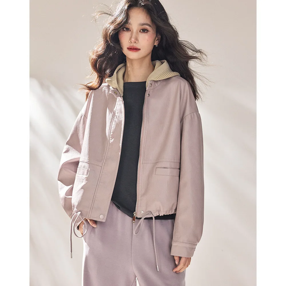 

Seondoo 2026 Spring Women's Thickened PU Leather Jacket Hooded Color Block Fake Two-Piece Top Coat Korean Style Outerwear