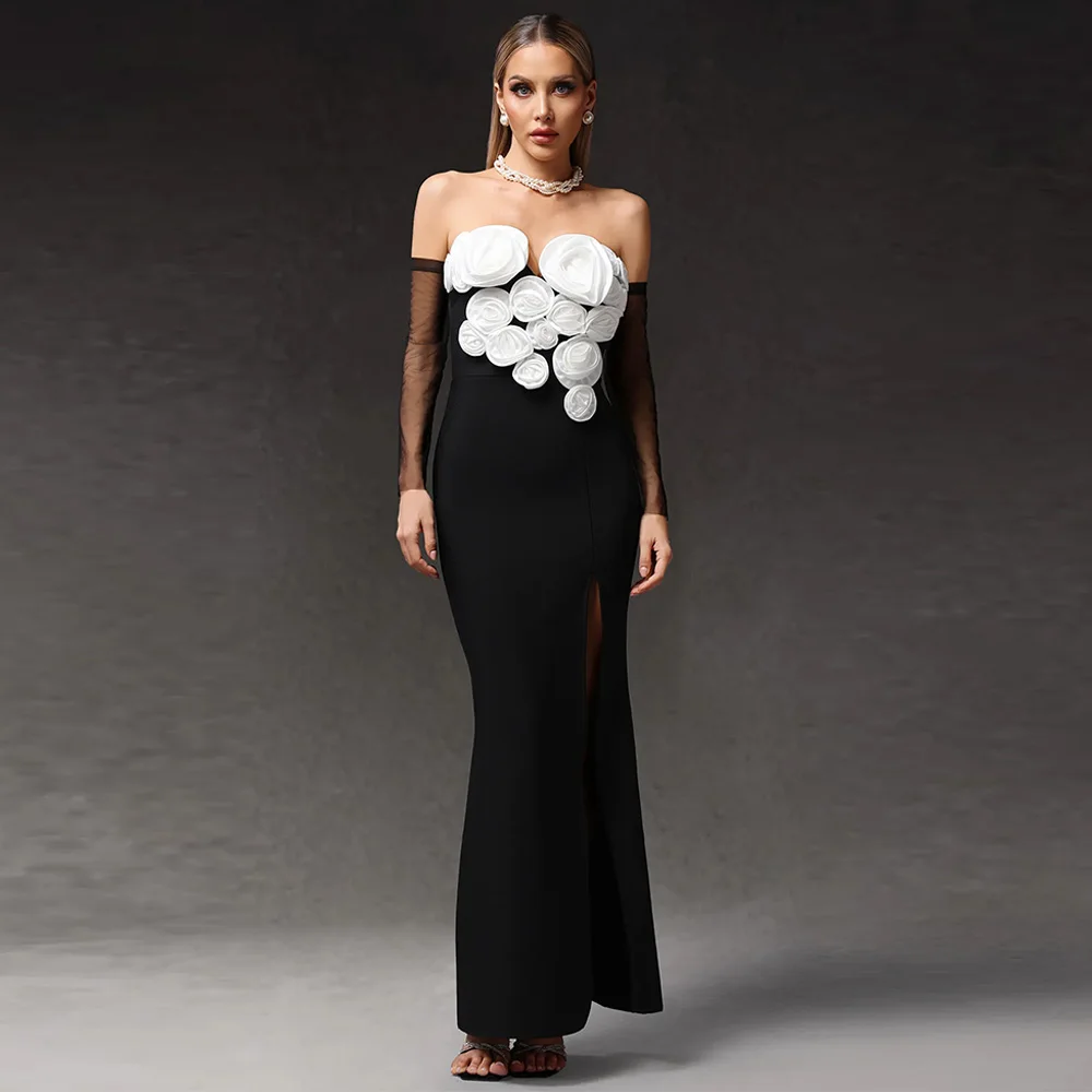 

Off the Shoulder Mermaid Evening Dress Customized High Quality Black Flowers Celebrity Gowns Long Sleeves Side Fork Party Dress