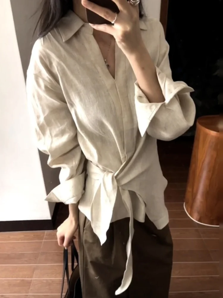 Loose Fit Linnen irt Dames Faion Koreaanse Sle Belted Taille Speciaal ontwerp Casual Comfortabel gevoel Herfsttop