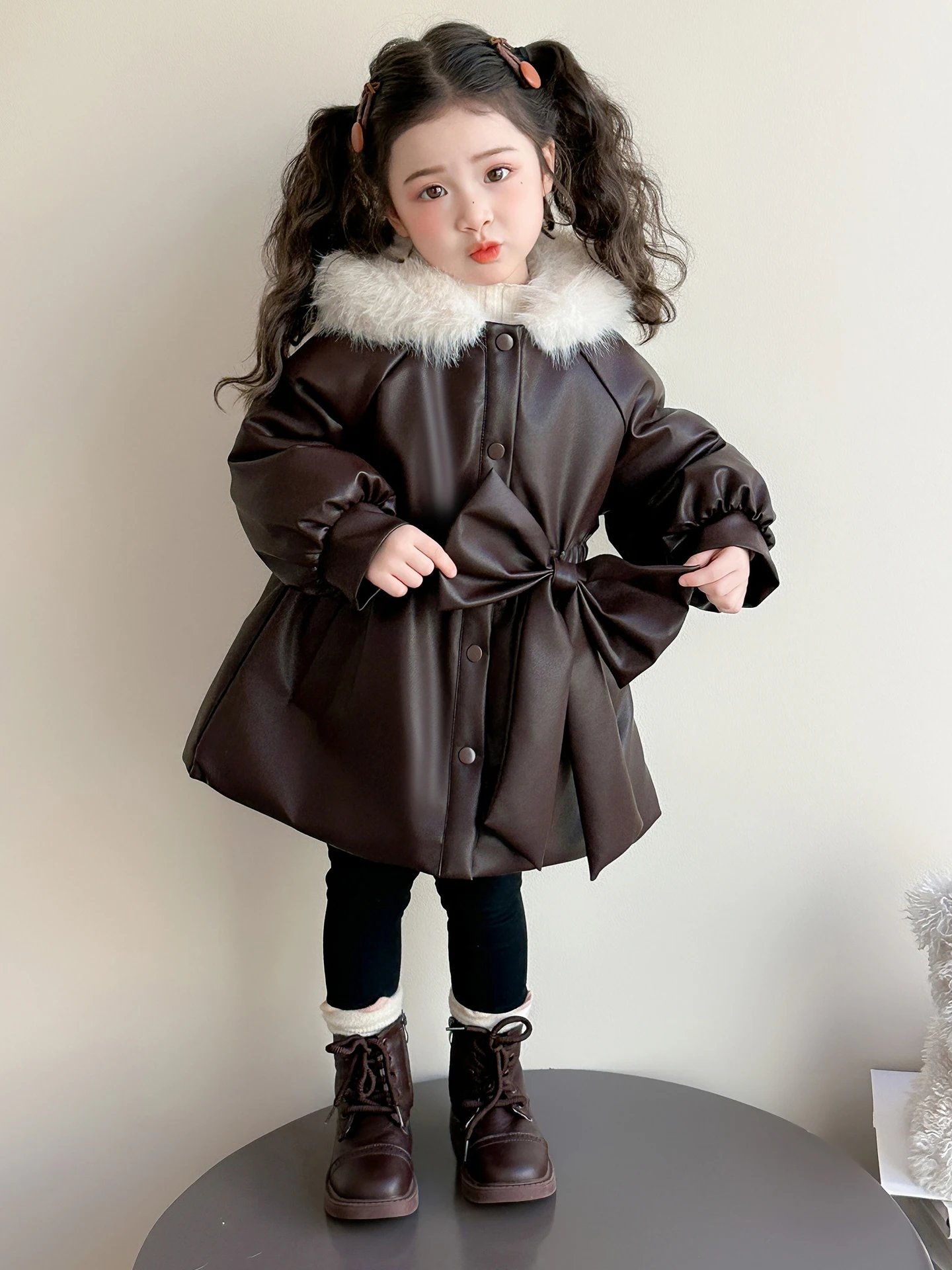 

Thiened Fce Куртка с капюшоном для девочек, зимнее новое модное корейское пальто с узлом, теплая верхняя одежда, детская одежда