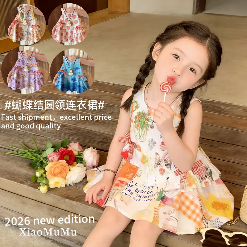 

2026Summer dress for girls with bow, stylish princess dress for baby girls, children's clothing, summer dress for toddlers