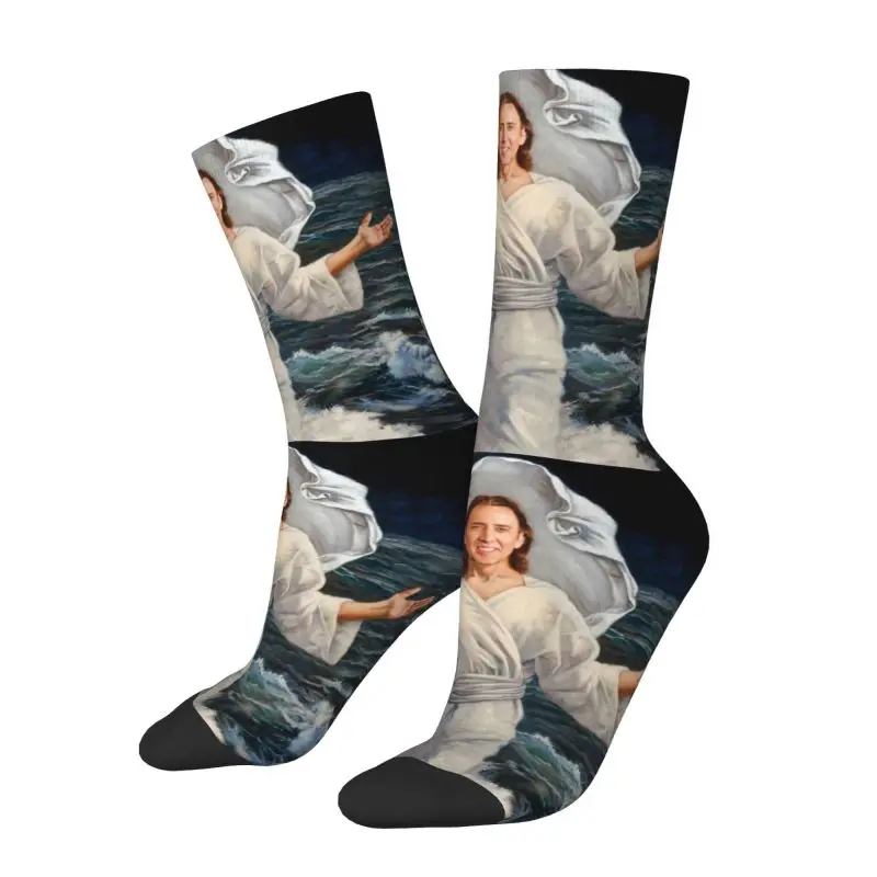 Nicolas Cage Walking On Water Mens Crew Socks Unisex Novelty Funny Meme Spring Summer Autumn Winter Dress Socks